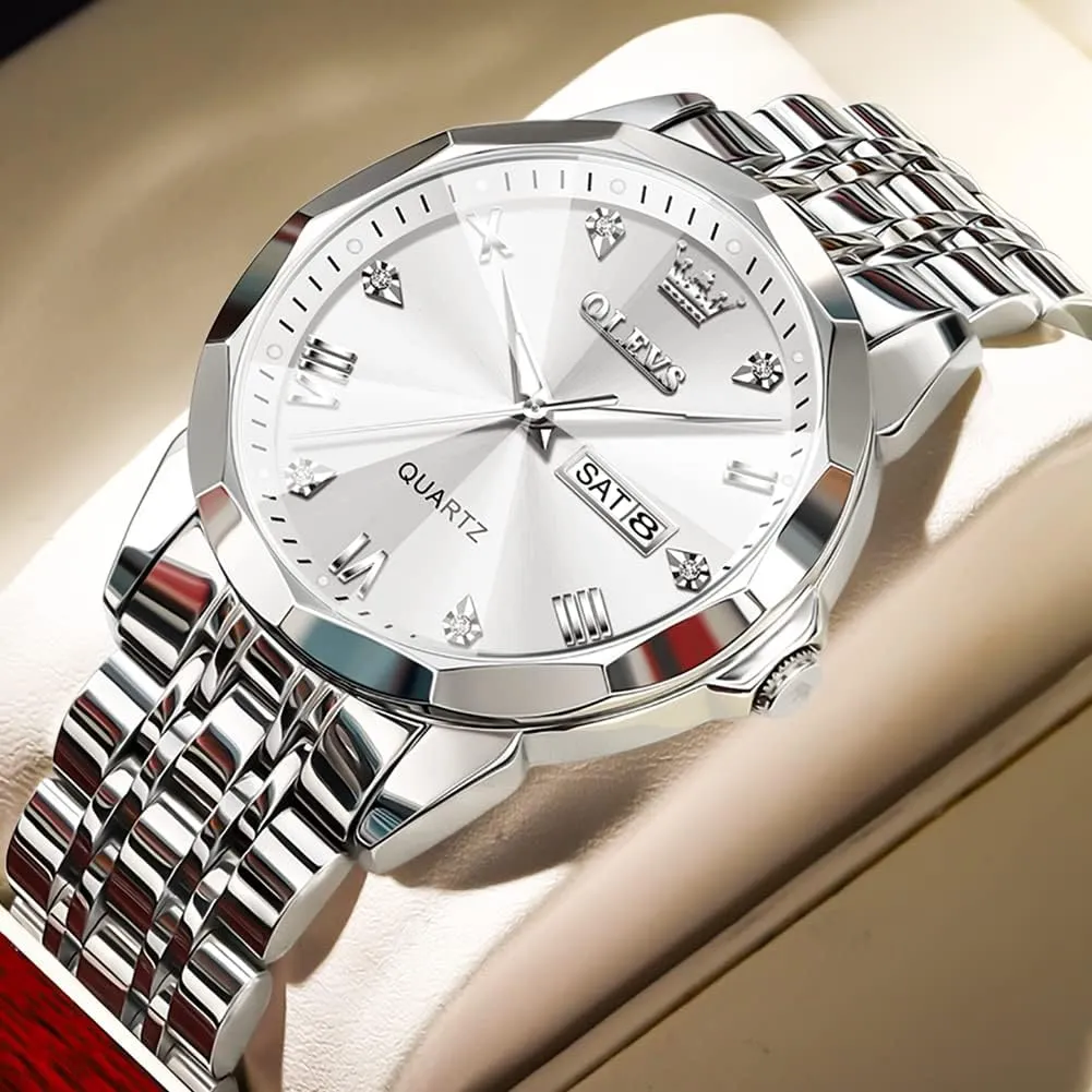 Luminous Date Two Tone Luxury Casual Wrist Watch OLEVS Watch for Men Diamond Business Dress Analog Quartz Stainless Steel weekend Waterproof 