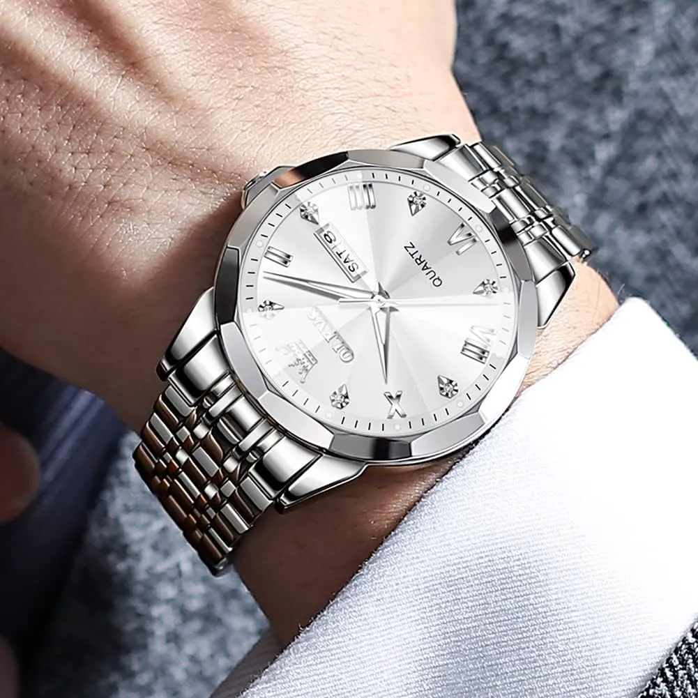 Luminous Date Two Tone Luxury Casual Wrist Watch OLEVS Watch for Men Diamond Business Dress Analog Quartz Stainless Steel weekend Waterproof 