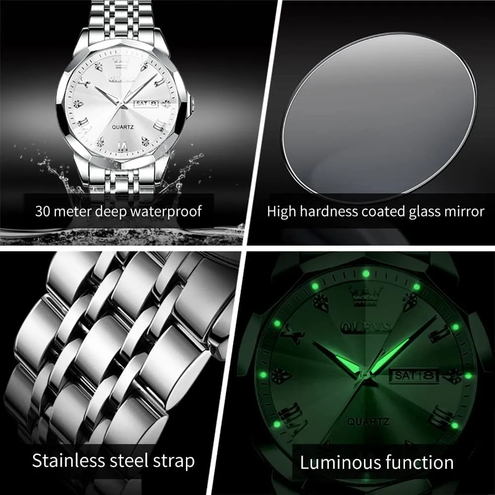Luminous Date Two Tone Luxury Casual Wrist Watch OLEVS Watch for Men Diamond Business Dress Analog Quartz Stainless Steel weekend Waterproof 