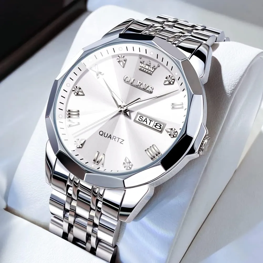 Luminous Date Two Tone Luxury Casual Wrist Watch OLEVS Watch for Men Diamond Business Dress Analog Quartz Stainless Steel weekend Waterproof 