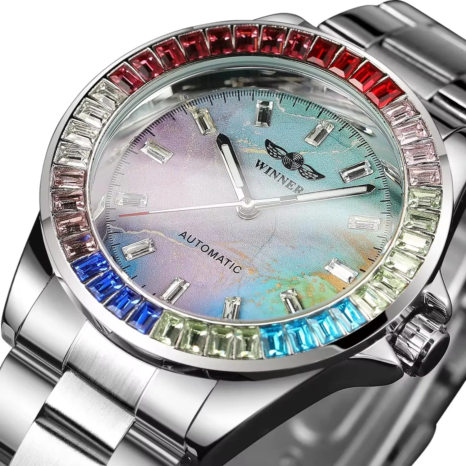 Luminous Design Mens Mechanical Watches Automatic Hand-Winding Wristwatch Fashion Color Diamond sustenance Dial Stainless Steel Waterproof 
