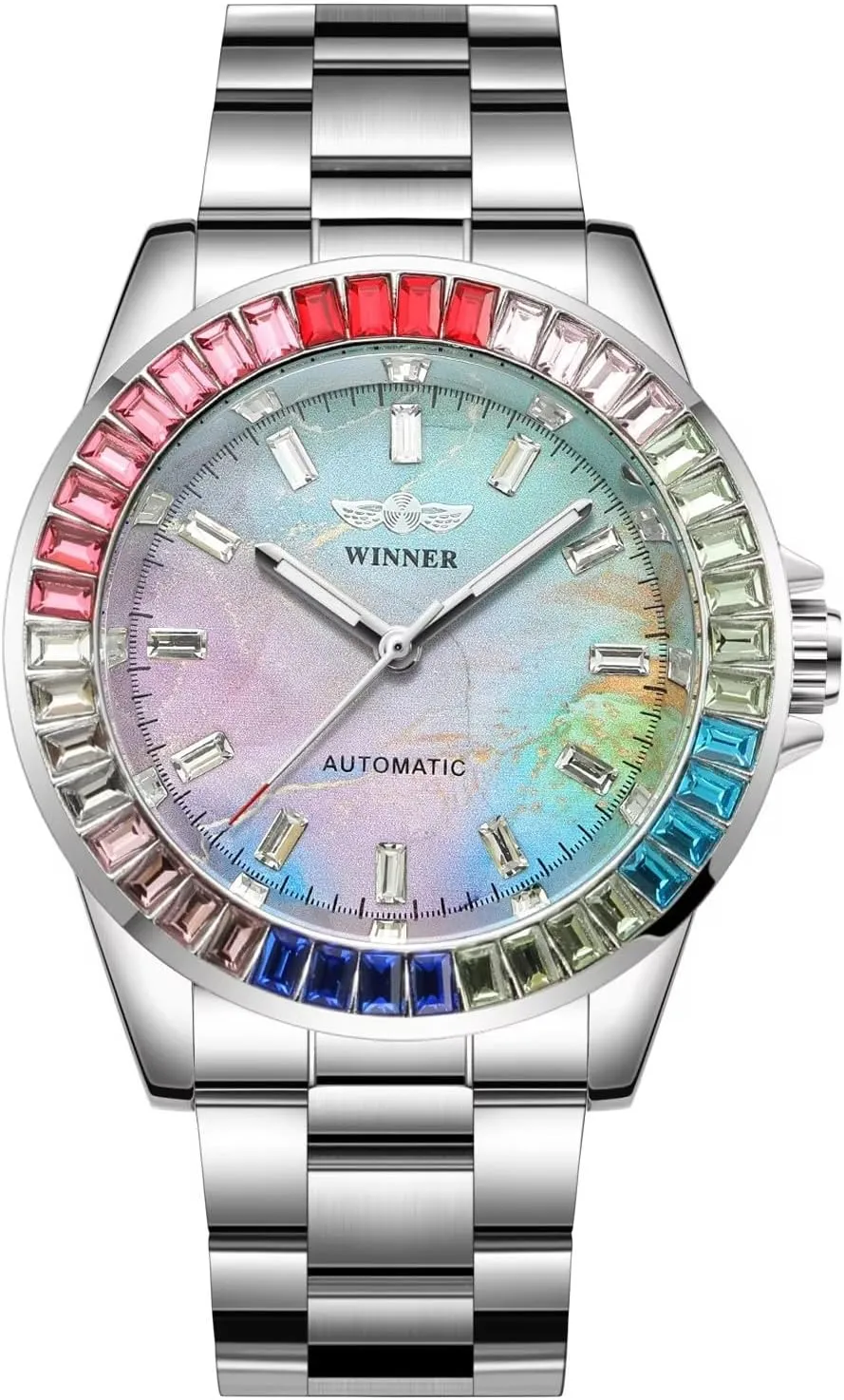 Luminous Design Mens Mechanical Watches Automatic Hand-Winding Wristwatch Fashion Color Diamond sustenance Dial Stainless Steel Waterproof 