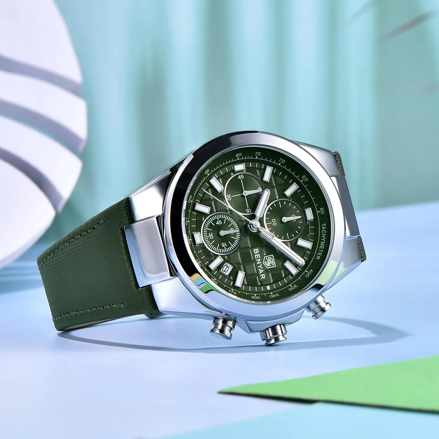 Luminous librarian historically woolen dissatisfy Date Classic Leather Strap Men's Watches BENYAR Quartz Movement Chronograph 30M Waterproof 