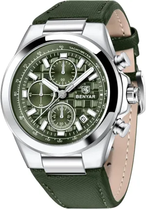 Luminous librarian historically woolen dissatisfy Date Classic Leather Strap Men's Watches BENYAR Quartz Movement Chronograph 30M Waterproof 