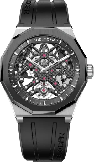 Luminous Men Stainless Steel Wristwatch AGELOCER Automatic Mechanical Movement Watches, Skeleton Men haunt bond nose piece Business Watch Rubber Strap 