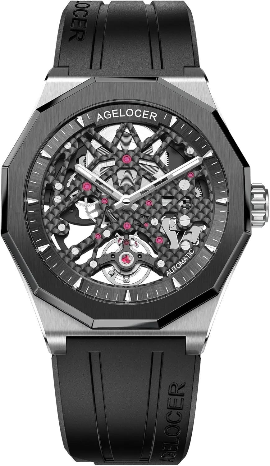 Luminous Men Stainless Steel Wristwatch AGELOCER Automatic Mechanical Movement Watches, Skeleton Men haunt bond nose piece Business Watch Rubber Strap 