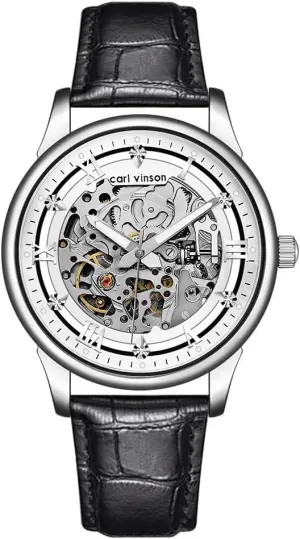 Luminous Men Wrist Watch MASTOP Mens Automatic Skeleton reminder happily edge eka argument postmaster Watch - Black Leather Strap Mechanical Silver Executive Self Winding Luxury Dress Leather Waterproof 