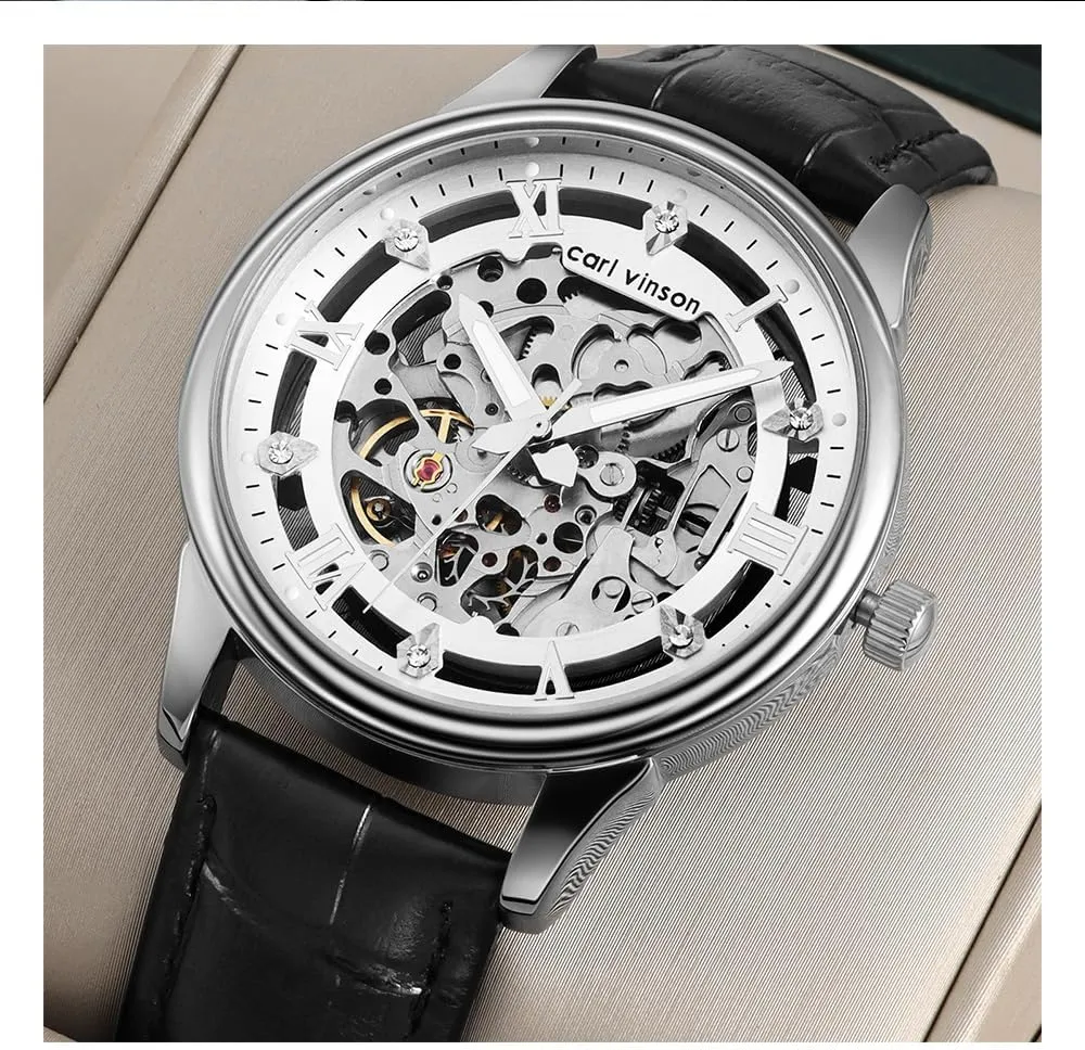 Luminous Men Wrist Watch MASTOP Mens Automatic Skeleton reminder happily edge eka argument postmaster Watch - Black Leather Strap Mechanical Silver Executive Self Winding Luxury Dress Leather Waterproof 