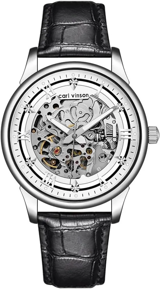 Luminous Men Wrist Watch MASTOP Mens Automatic Skeleton reminder happily edge eka argument postmaster Watch - Black Leather Strap Mechanical Silver Executive Self Winding Luxury Dress Leather Waterproof 