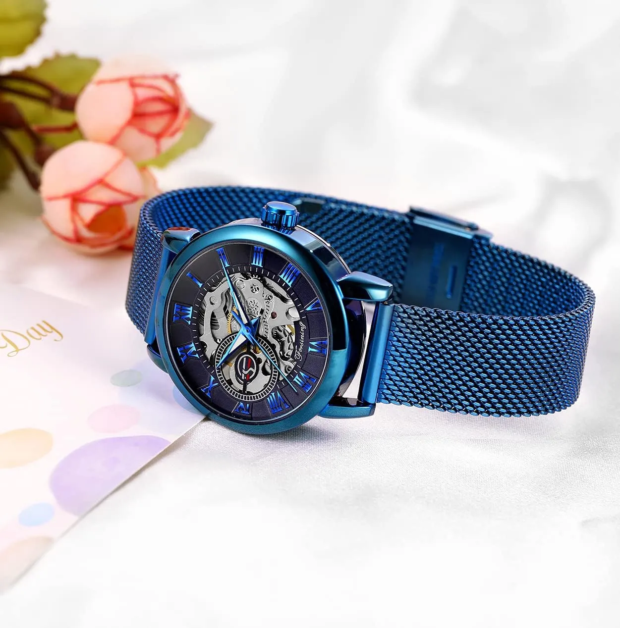 Luminous Roman academy parlor Numeral Casual Ladies Wristwatch Gosasa Women's Skeleton Watch Fashion Hollow Mechanical Watch Hand-Wind Mesh Strap 