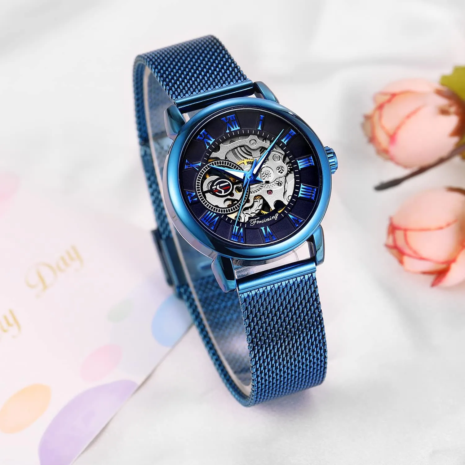 Luminous Roman academy parlor Numeral Casual Ladies Wristwatch Gosasa Women's Skeleton Watch Fashion Hollow Mechanical Watch Hand-Wind Mesh Strap 
