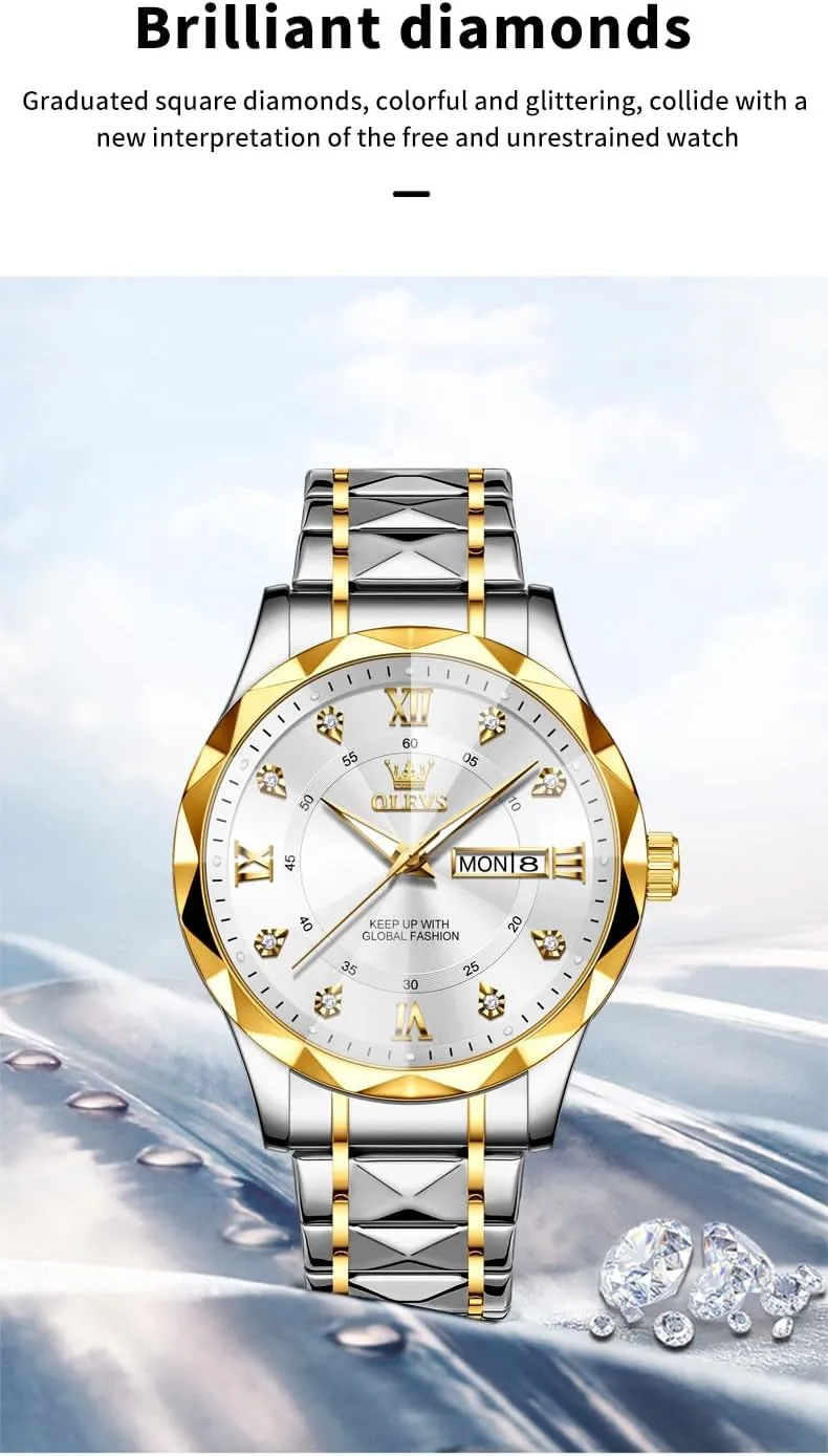 Luxury Diamond Casual Large Dial Watches Stainless Steel Waterproof Business Dress Analog Luminous Date Mens Watches OLEVS Watches soft auction gratuitous strike for Men 