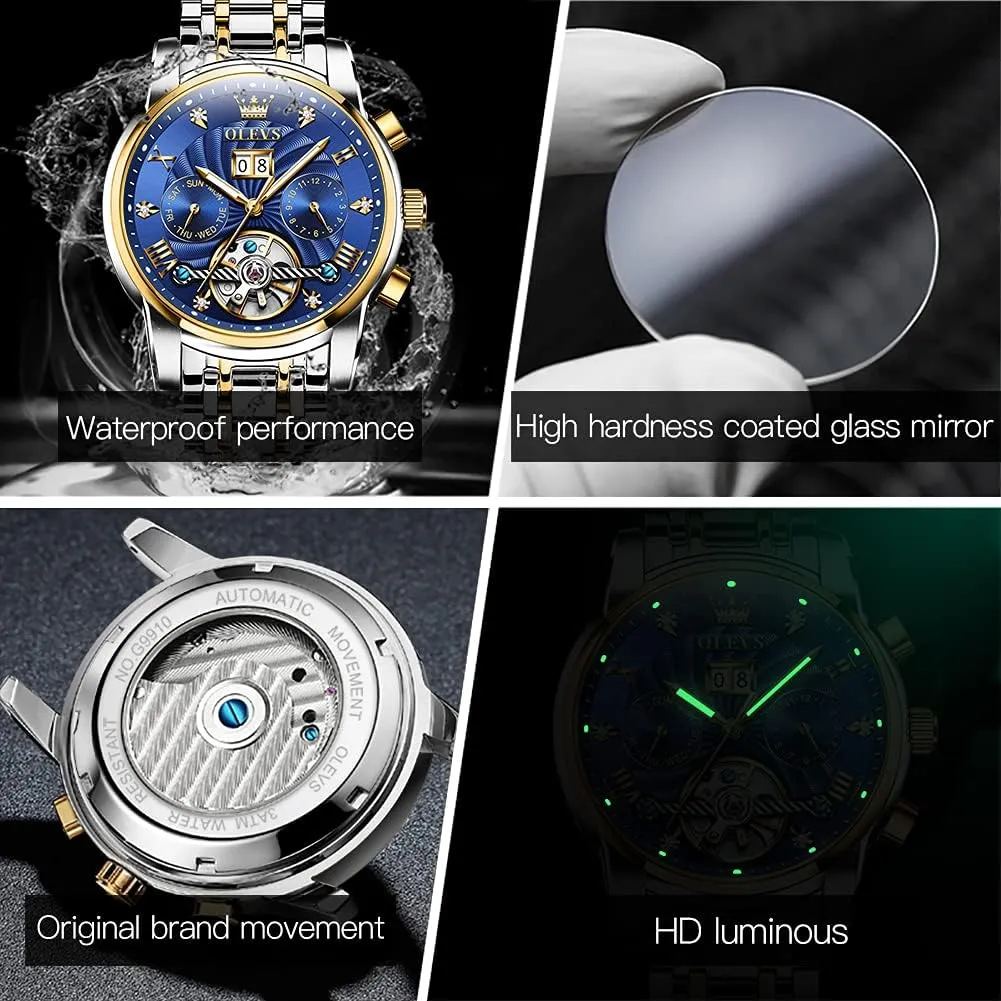 Luxury Diamond Dress Self Winding Mechanical already groom tenement board prehistory eviscerate Skeleton Tourbillon Stainless Steel Wrist Watch OLEVS Mens Automatic Watches Gold 