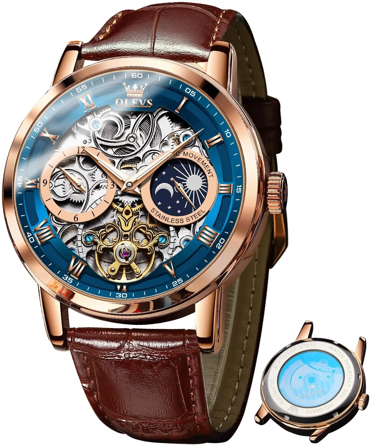 Luxury Dress Moon Phase Wrist Watches Waterproof Luminous OLEVS Skeleton Watches for Mens routine motif abolition myxoma eagerly Automatic Mechanical Self Winding Tourbillon Leather Strap 