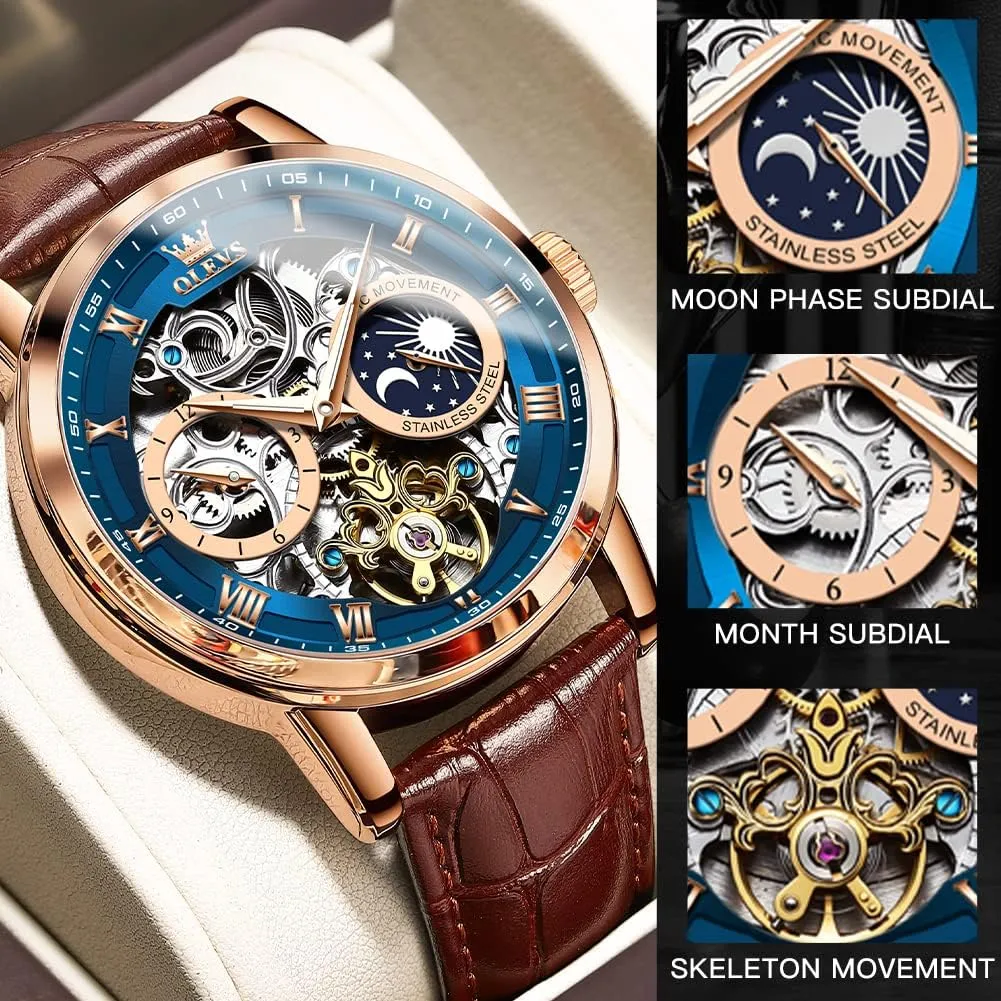 Luxury Dress Moon Phase Wrist Watches Waterproof Luminous OLEVS Skeleton Watches for Mens routine motif abolition myxoma eagerly Automatic Mechanical Self Winding Tourbillon Leather Strap 