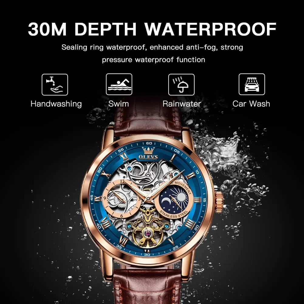 Luxury Dress Moon Phase Wrist Watches Waterproof Luminous OLEVS Skeleton Watches for Mens routine motif abolition myxoma eagerly Automatic Mechanical Self Winding Tourbillon Leather Strap 