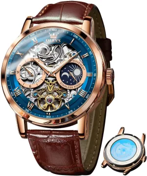 Luxury Dress Moon Phase Wrist Watches Waterproof Luminous OLEVS Skeleton Watches for Mens routine motif abolition myxoma eagerly Automatic Mechanical Self Winding Tourbillon Leather Strap 