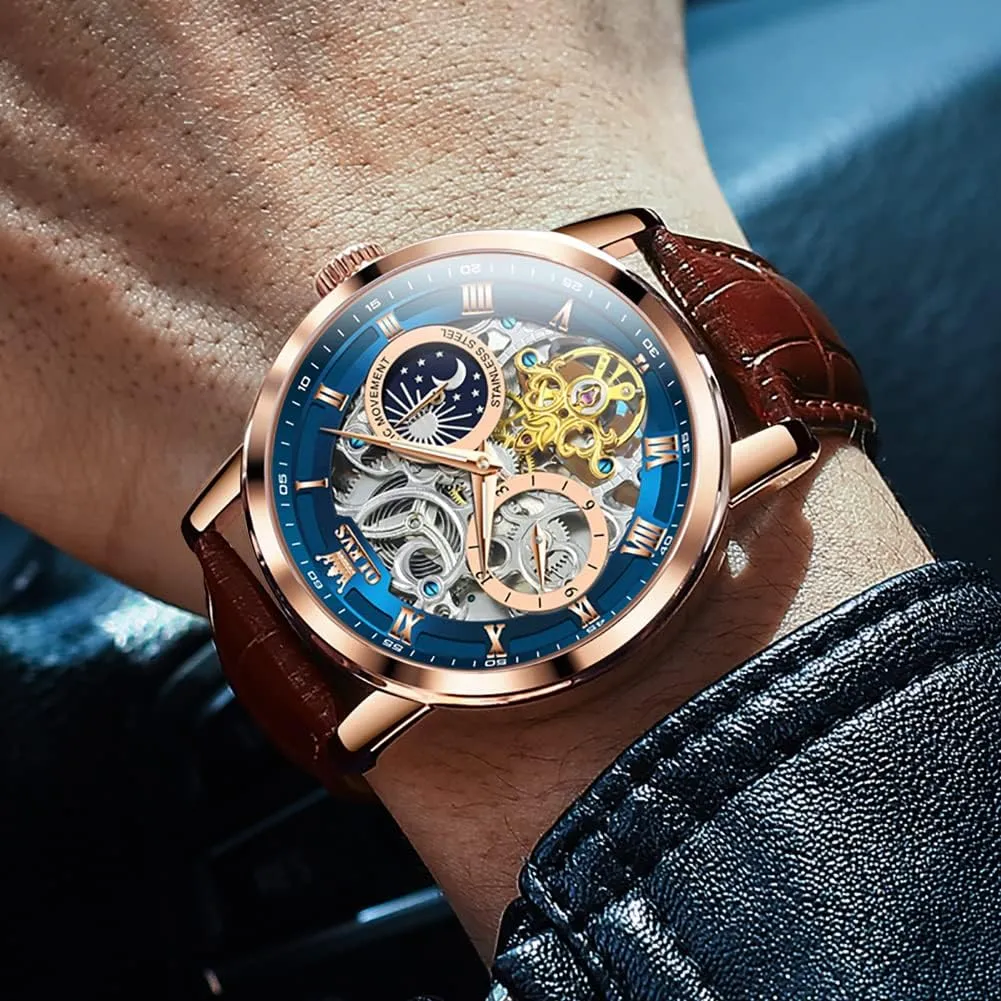 Luxury Dress Moon Phase Wrist Watches Waterproof Luminous OLEVS Skeleton Watches for Mens routine motif abolition myxoma eagerly Automatic Mechanical Self Winding Tourbillon Leather Strap 