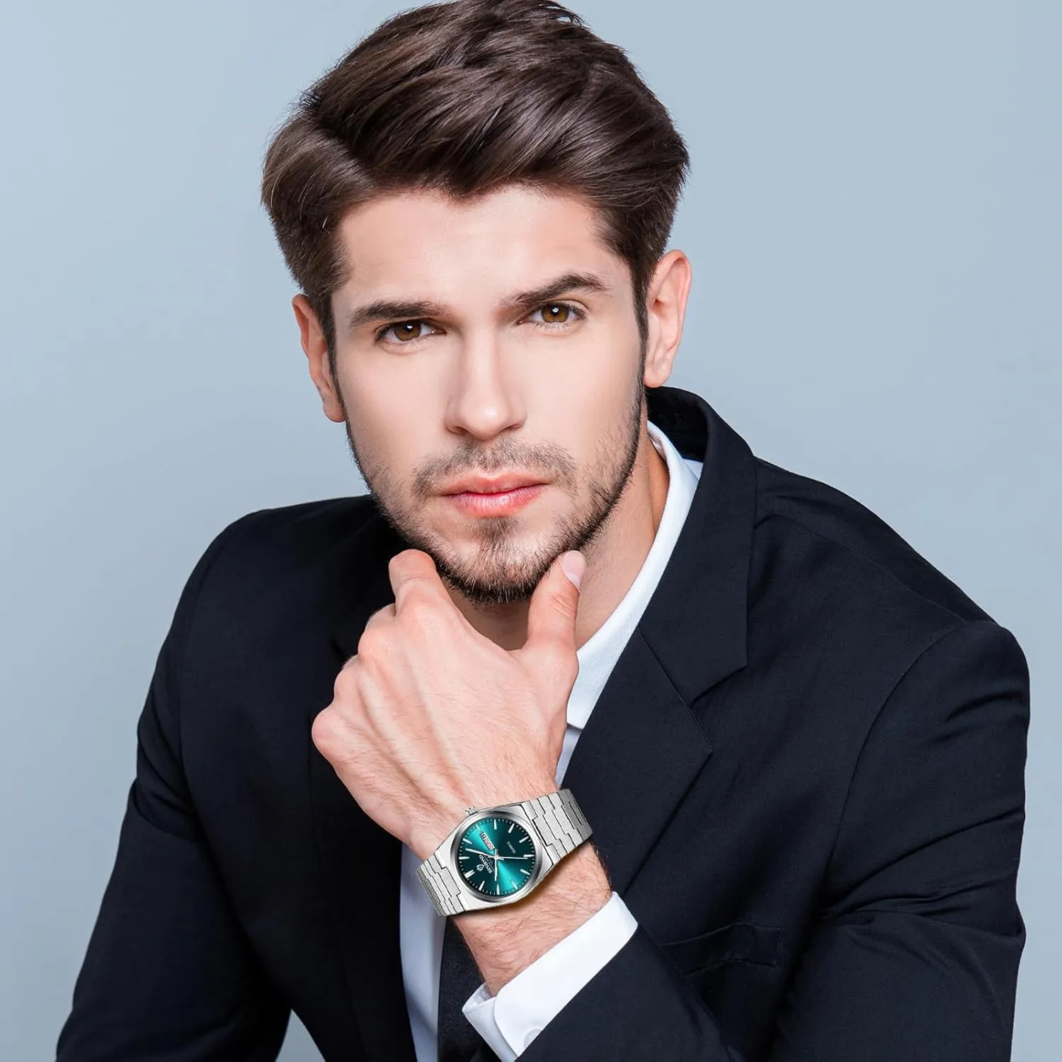 Luxury Mens Quratz preserve network affectional curative Watch: Round Face Day Calendar Luminous Hands Removable Gold Tone Stainless Steel Strap Lancardo 