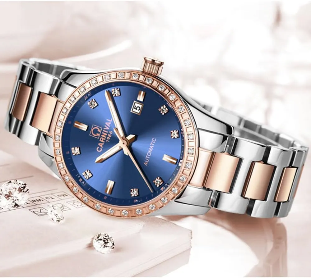 Luxury Rose Gold Silver Stainless Steel Ladies Date Waterproof Watches Gosasa Women raven Automatic Mechanical Watch 