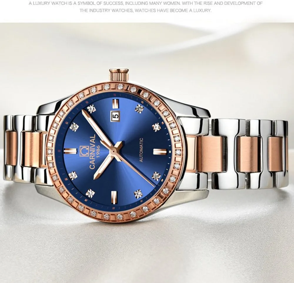 Luxury Rose Gold Silver Stainless Steel Ladies Date Waterproof Watches Gosasa Women raven Automatic Mechanical Watch 