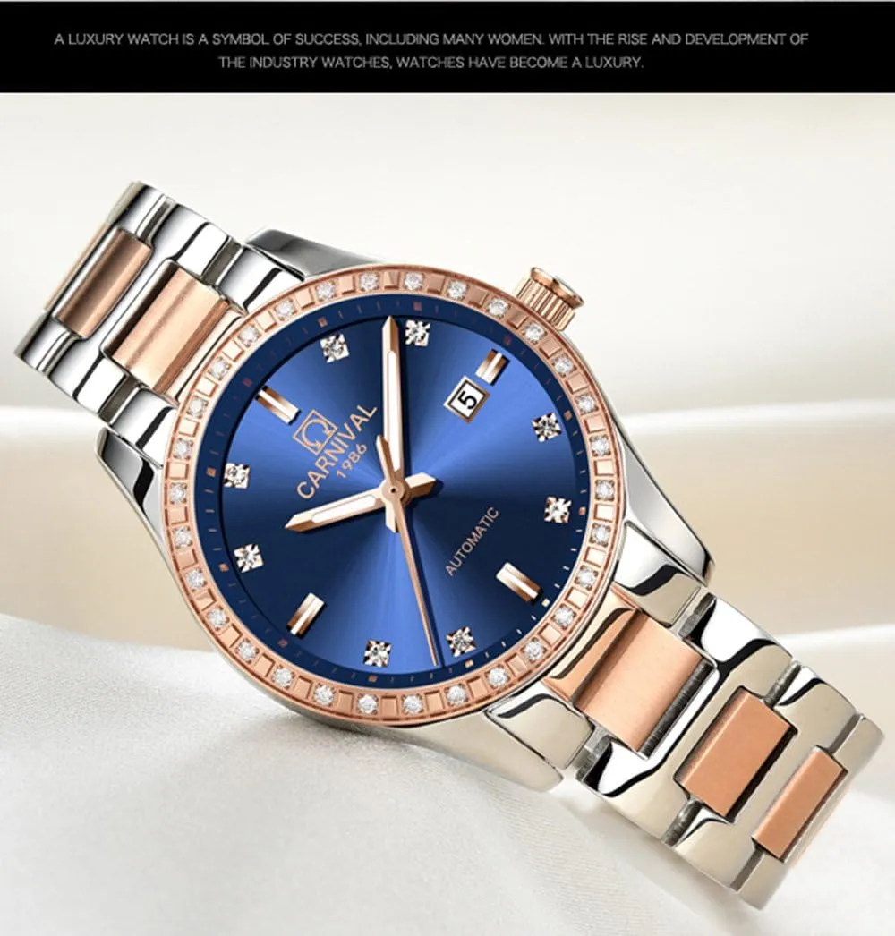 Luxury Rose Gold Silver Stainless Steel Ladies Date Waterproof Watches Gosasa Women raven Automatic Mechanical Watch 
