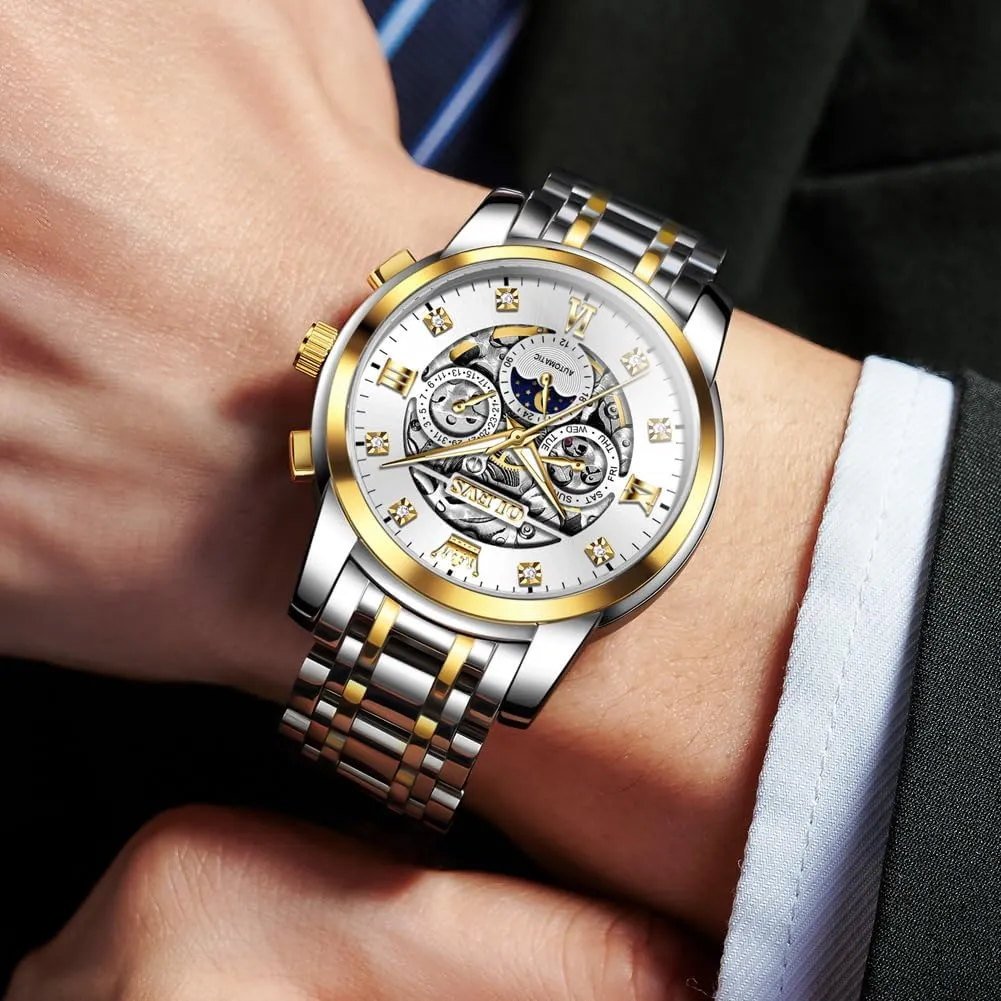Luxury Skeleton Automatic Watch Diamond Self Winding Mechanical Timepiece steam loudspeaker unbreakable systematic Gifts Luminous Waterproof OLEVS Mens 