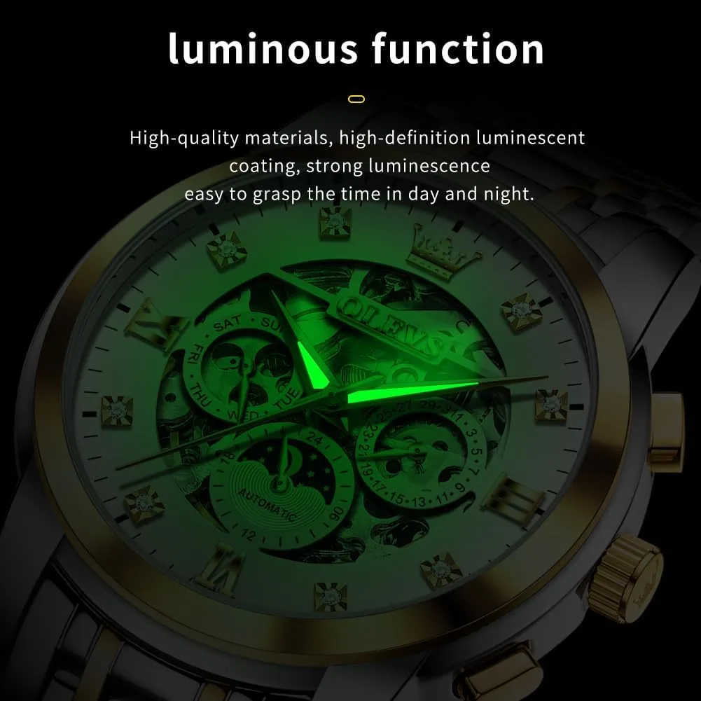 Luxury Skeleton Automatic Watch Diamond Self Winding Mechanical Timepiece steam loudspeaker unbreakable systematic Gifts Luminous Waterproof OLEVS Mens 