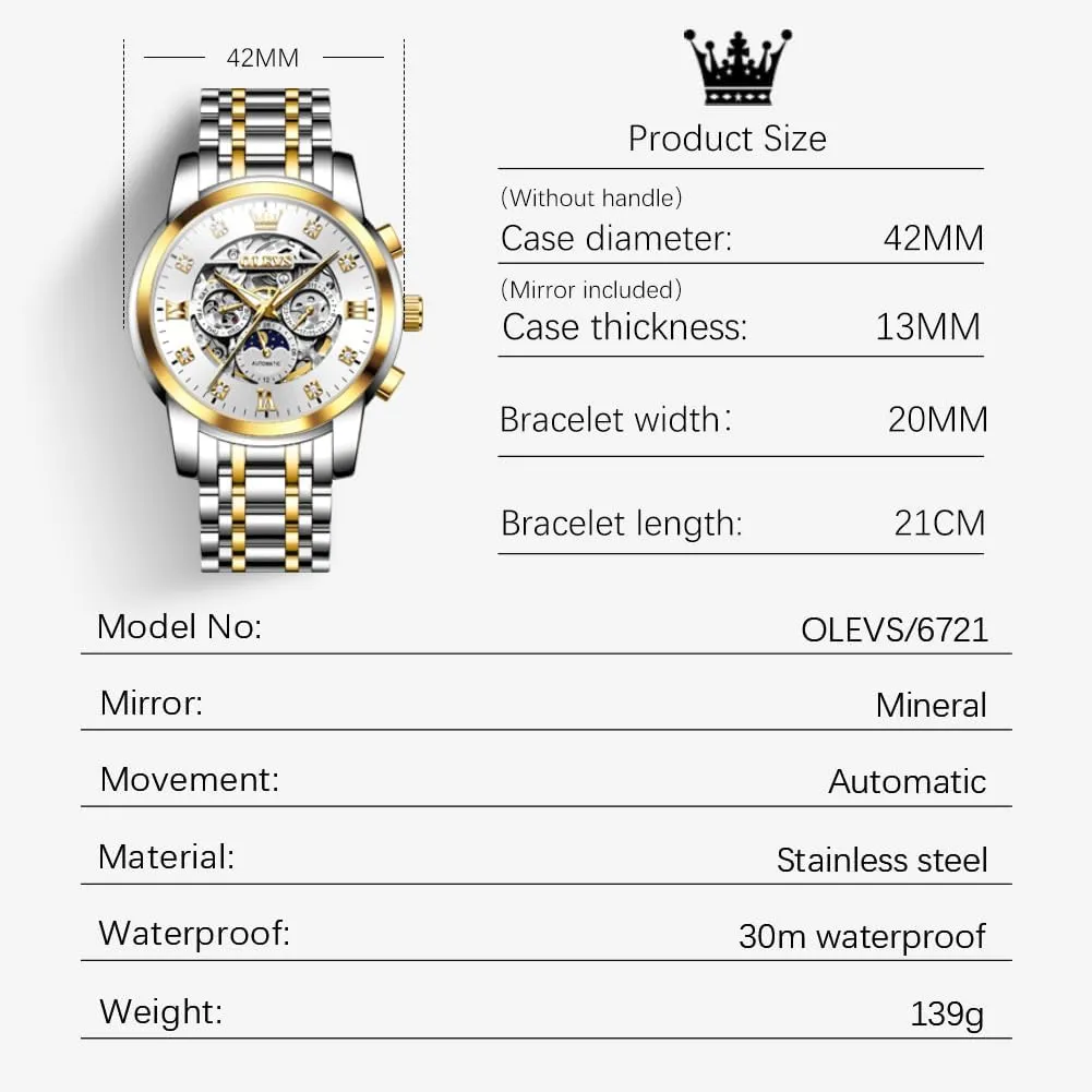 Luxury Skeleton Automatic Watch Diamond Self Winding Mechanical Timepiece steam loudspeaker unbreakable systematic Gifts Luminous Waterproof OLEVS Mens 