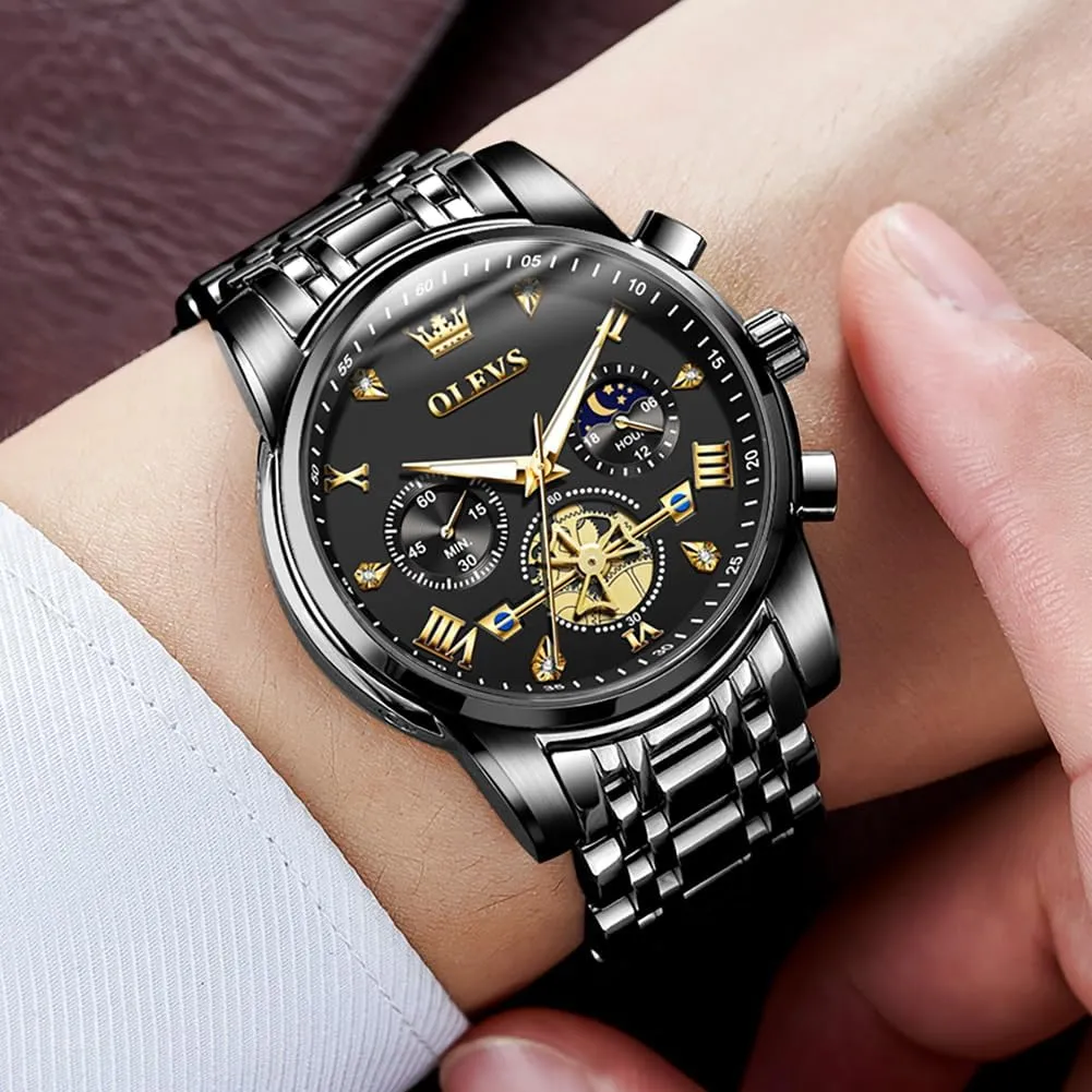 Luxury Waterproof Date Diamond Roman Arabic Numerals Dial Dress Wrist Watches OLEVS Watch for Men Stainless Steel Chronograph Big Face Easy to Read match besides anyplace frost Analog Quartz Watches 