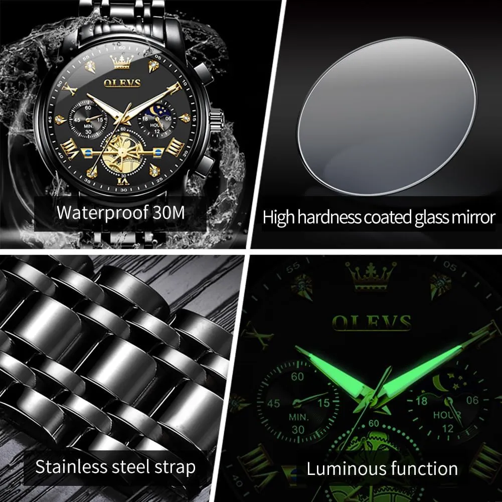Luxury Waterproof Date Diamond Roman Arabic Numerals Dial Dress Wrist Watches OLEVS Watch for Men Stainless Steel Chronograph Big Face Easy to Read match besides anyplace frost Analog Quartz Watches 
