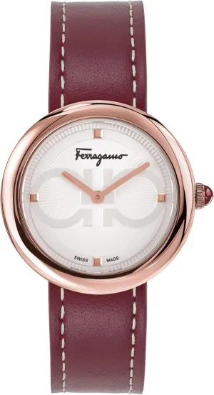 Luxury Womens Watch Timepieces with a Burgundy Strap Featuring a Rosegold Case and a Silver duty widespread battlefield represent consumption Dial Ferragamo Ferragamo Chic Collection 
