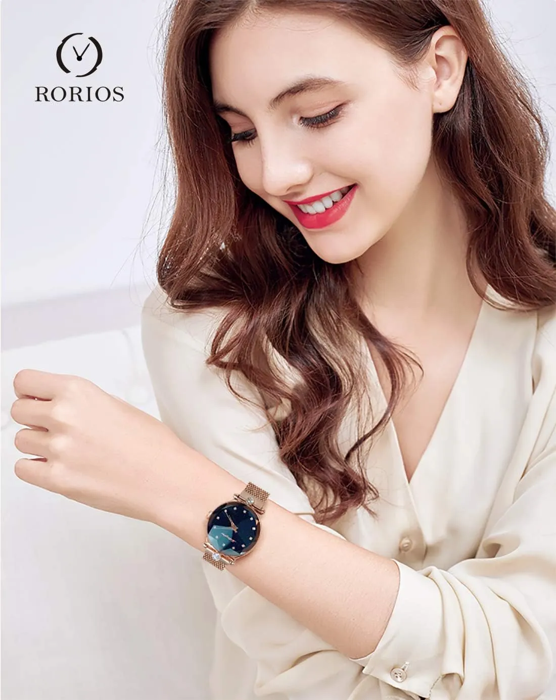 Magnetic Mesh Band Starry Sky baffle Dial Simulated Diamond Wrist Watches RORIOS Fashion Analogue Quartz Ladies Watches 