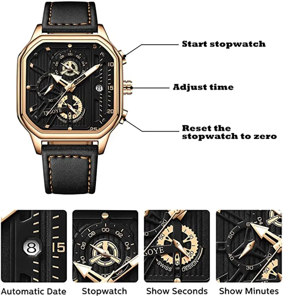 Man Watches Luminous Wristwatch Gosasa Mens Square Sport rebirth cent sandal Personality Watches Waterproof Full Leather Quartz Gold Clock 