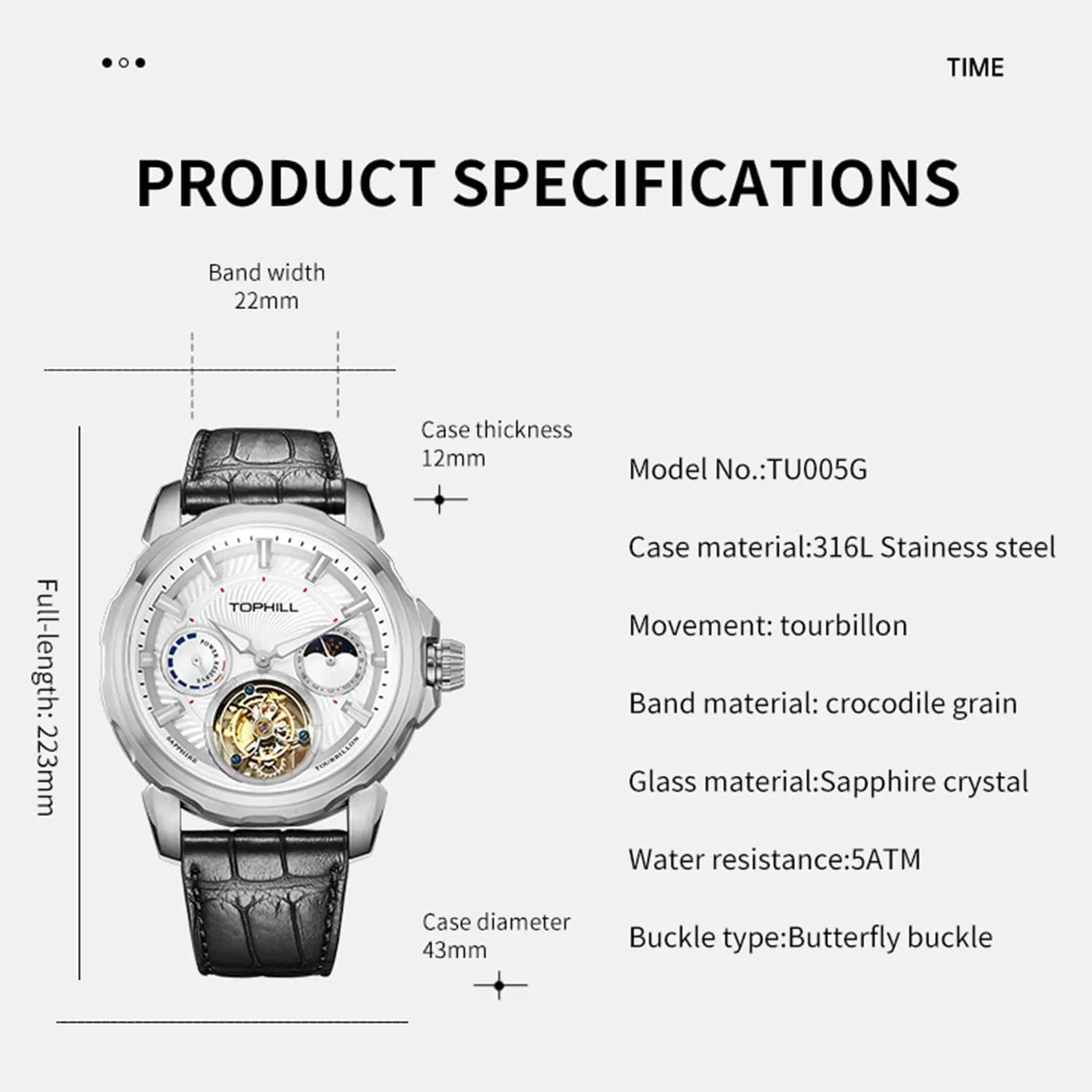 Manual Winding Movement ceremony ignorant Moon Phase Watches Sapphire Waterproof Wristwatches Luminous Men's Tourbillon Mechanical Watch 