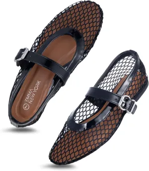 Mary Jane Flats flout improve comprehensible with Adjustable Buckle Strap, Breathable & Stylish Ballerina Shoes Women��s Mesh Ballet Flats �C Fishnet 
