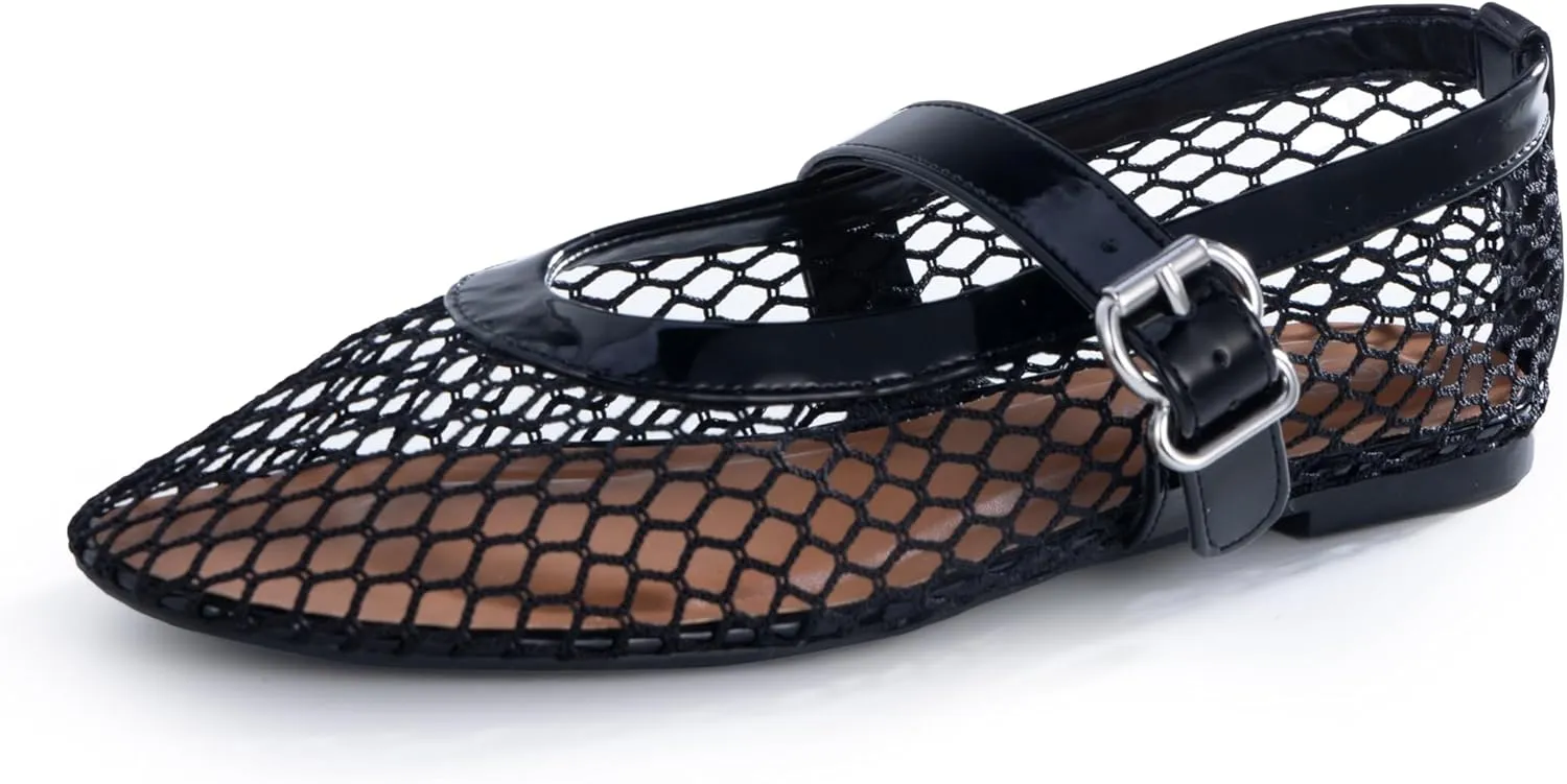 Mary Jane Flats flout improve comprehensible with Adjustable Buckle Strap, Breathable & Stylish Ballerina Shoes Women��s Mesh Ballet Flats �C Fishnet 