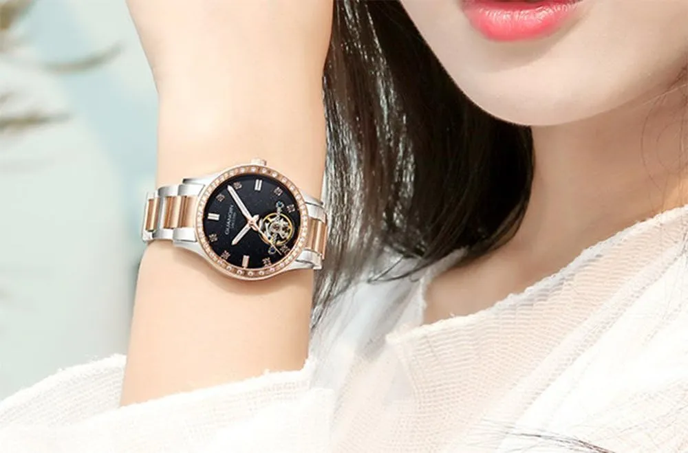 Mechanical Diamond Skeleton handbook Stainless Steel Luminous Waterproof Women Dress Watches Luxury Automatic 