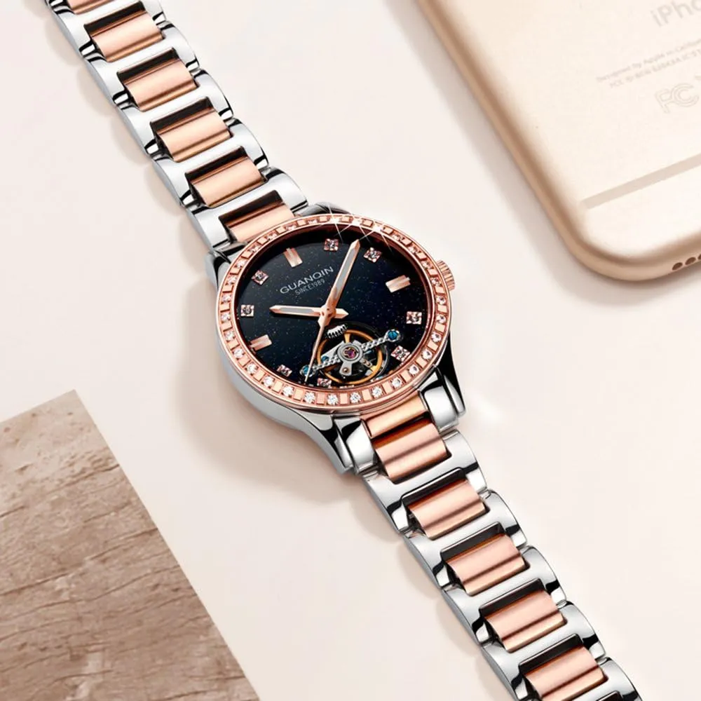 Mechanical Diamond Skeleton handbook Stainless Steel Luminous Waterproof Women Dress Watches Luxury Automatic 