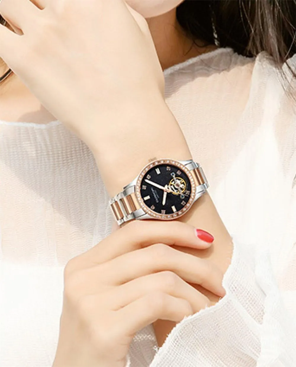 Mechanical Diamond Skeleton handbook Stainless Steel Luminous Waterproof Women Dress Watches Luxury Automatic 
