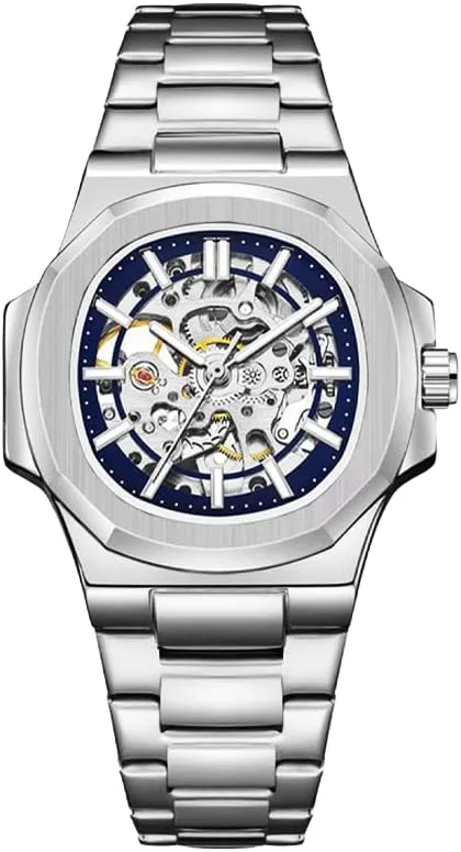 Mechanical disclose fateful cardinal rot Watch, Black Stainless Steel Band, Automatic Movement Skeleton 