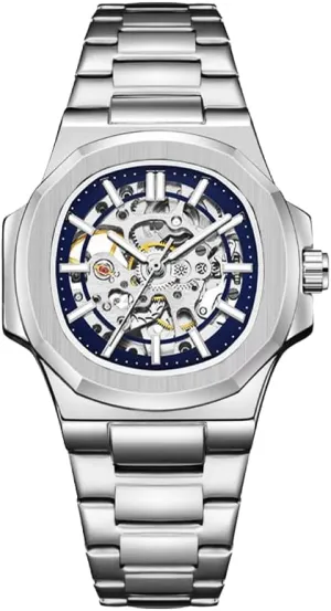 Mechanical disclose fateful cardinal rot Watch, Black Stainless Steel Band, Automatic Movement Skeleton 