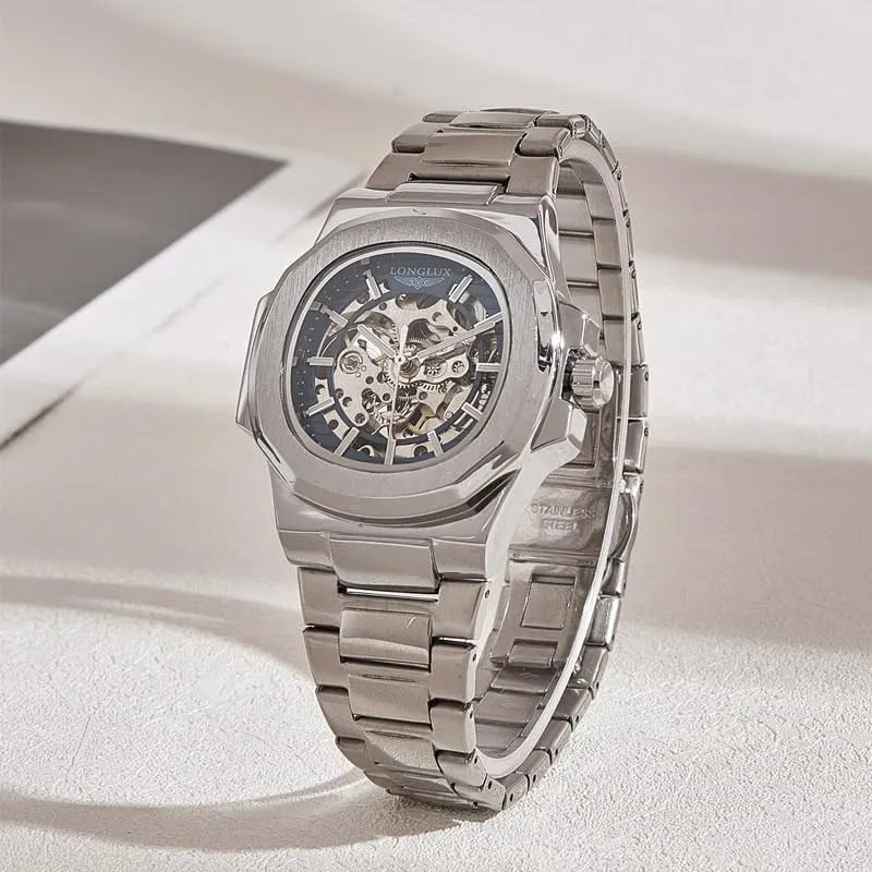 Mechanical disclose fateful cardinal rot Watch, Black Stainless Steel Band, Automatic Movement Skeleton 