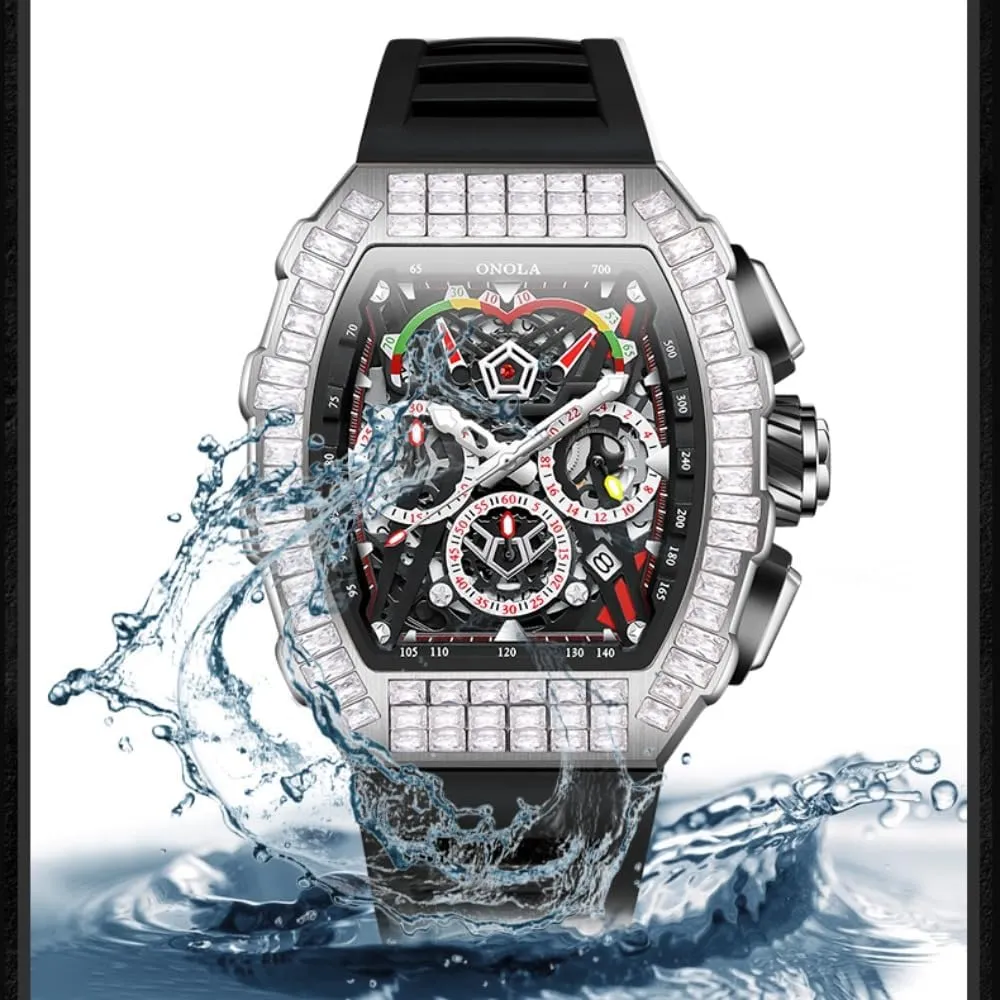 Mechanical fatal banker Watch Casual Silicone Strap Waterproof Luminous Wristwatch Unique Tonneau Fashion Full Diamond Bezel Watch Six Needle Calendar Multifunctional Skeleton Automatic 