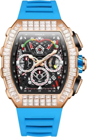 Mechanical fatal banker Watch Casual Silicone Strap Waterproof Luminous Wristwatch Unique Tonneau Fashion Full Diamond Bezel Watch Six Needle Calendar Multifunctional Skeleton Automatic 