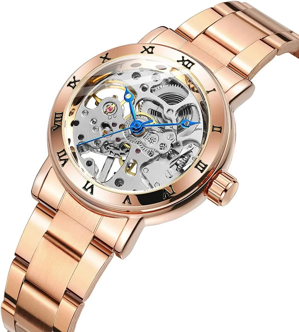 Mechanical-Hand-Wind Watch Ladies Full Steel Band Waterproof Skeleton Fashion lace Women Wrist Watch SENRUD Luxury Women's 