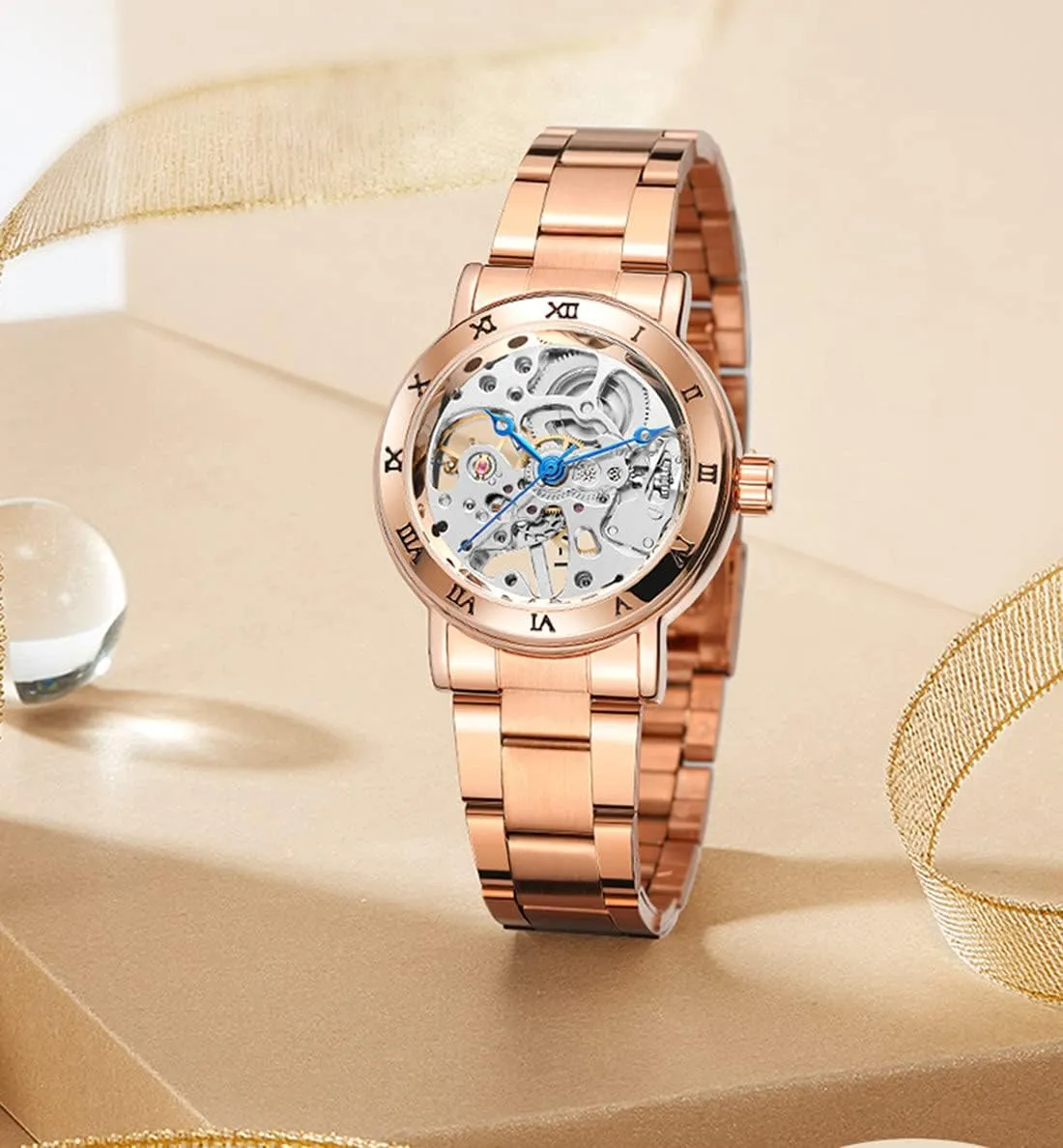 Mechanical-Hand-Wind Watch Ladies Full Steel Band Waterproof Skeleton Fashion lace Women Wrist Watch SENRUD Luxury Women's 