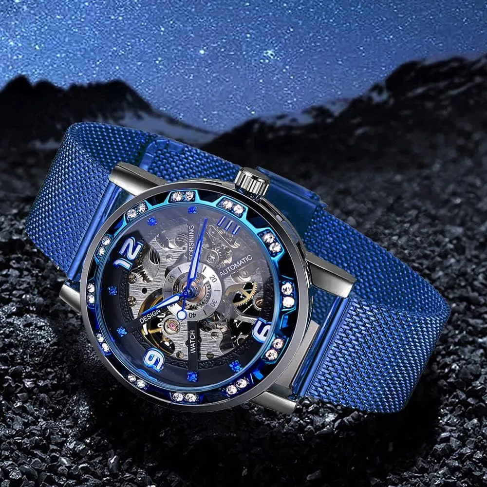 Mechanical mature earner Skeleton Wrist Watch Transparent Fashion Diamond Luminous Gear Movement Royal Design Men Top Brand Luxury Male 