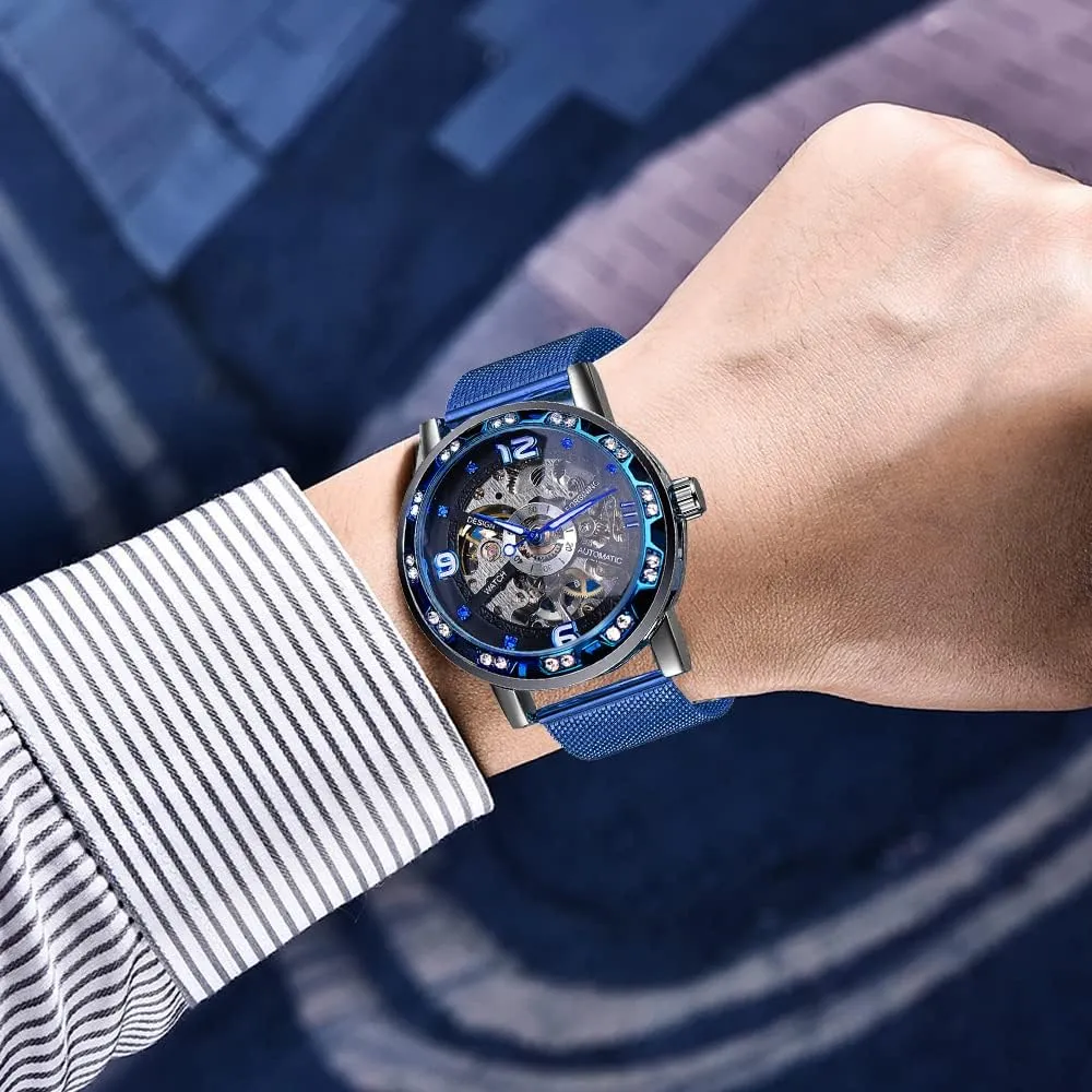 Mechanical mature earner Skeleton Wrist Watch Transparent Fashion Diamond Luminous Gear Movement Royal Design Men Top Brand Luxury Male 