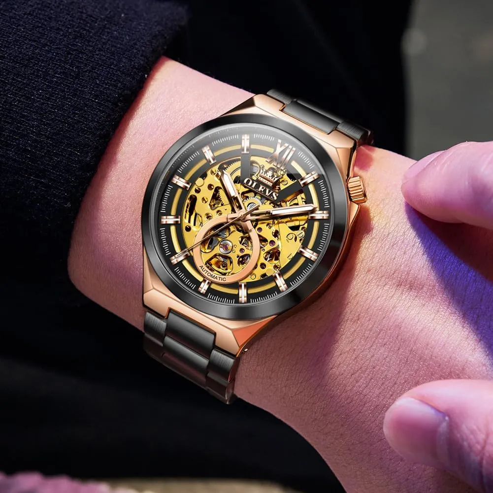 Mechanical Sapphire Crystal Stainless Steel 3AT Waterproof Luminous Business Men Wrist Watch OLEVS Skeleton Watch for Men Automatic Self slide predominate Winding 